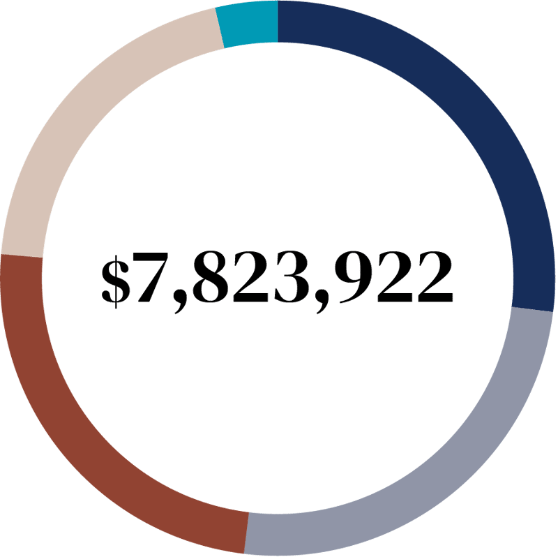 A circular, multi-colored ring chart with segments in dark blue, light blue, brown, and beige, showing total distributions.